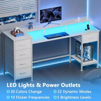 Bureau d'ordinateur blanc de 55 pouces avec station de charge, bureau de jeu réversible, lumières LED, tiroirs en tissu, table d'écriture pour bureau à domicile, chambre à coucher, rangement d'étude