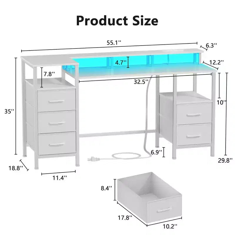 Bureau d'ordinateur blanc de 55 pouces avec station de charge, bureau de jeu réversible, lumières LED, tiroirs en tissu, table d'écriture pour bureau à domicile, chambre à coucher, rangement d'étude
