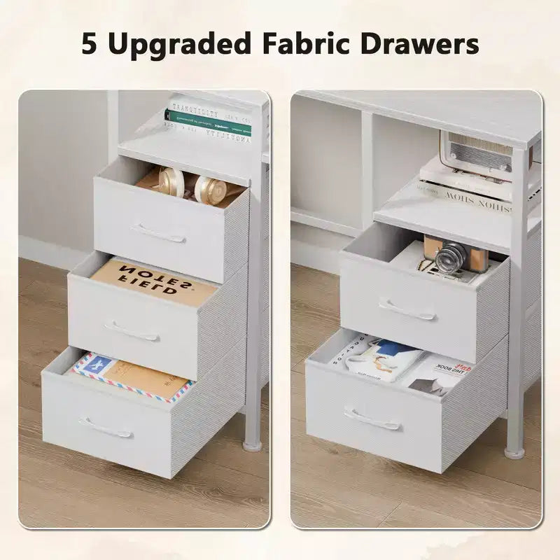 Bureau d'ordinateur blanc de 55 pouces avec station de charge, bureau de jeu réversible, lumières LED, tiroirs en tissu, table d'écriture pour bureau à domicile, chambre à coucher, rangement d'étude