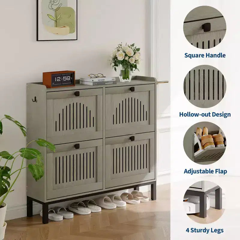 Meuble à chaussures avec 4 tiroirs basculants, panneau évidé, anti-basculement, étagères réglables pour entrée, salon, chambre à coucher