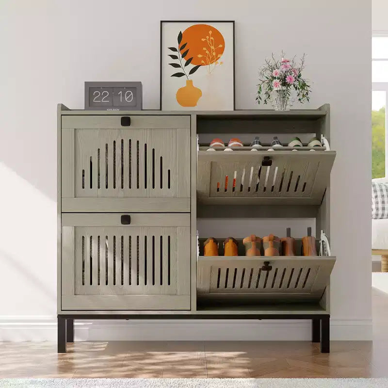 Meuble à chaussures avec 4 tiroirs basculants, panneau évidé, anti-basculement, étagères réglables pour entrée, salon, chambre à coucher