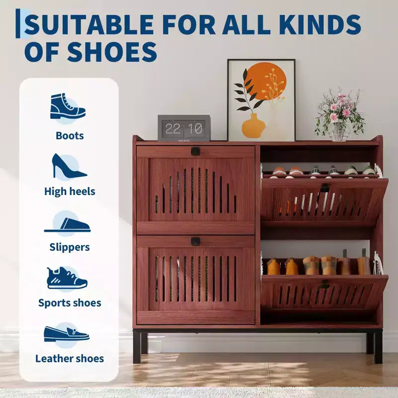 Meuble à chaussures avec 4 tiroirs basculants, panneau évidé, anti-basculement, étagères réglables pour entrée, salon, chambre à coucher
