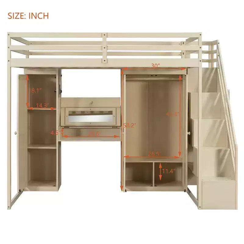 Lit mezzanine Whisen avec escalier de rangement, coiffeuse intégrée avec miroir et tiroir, armoire