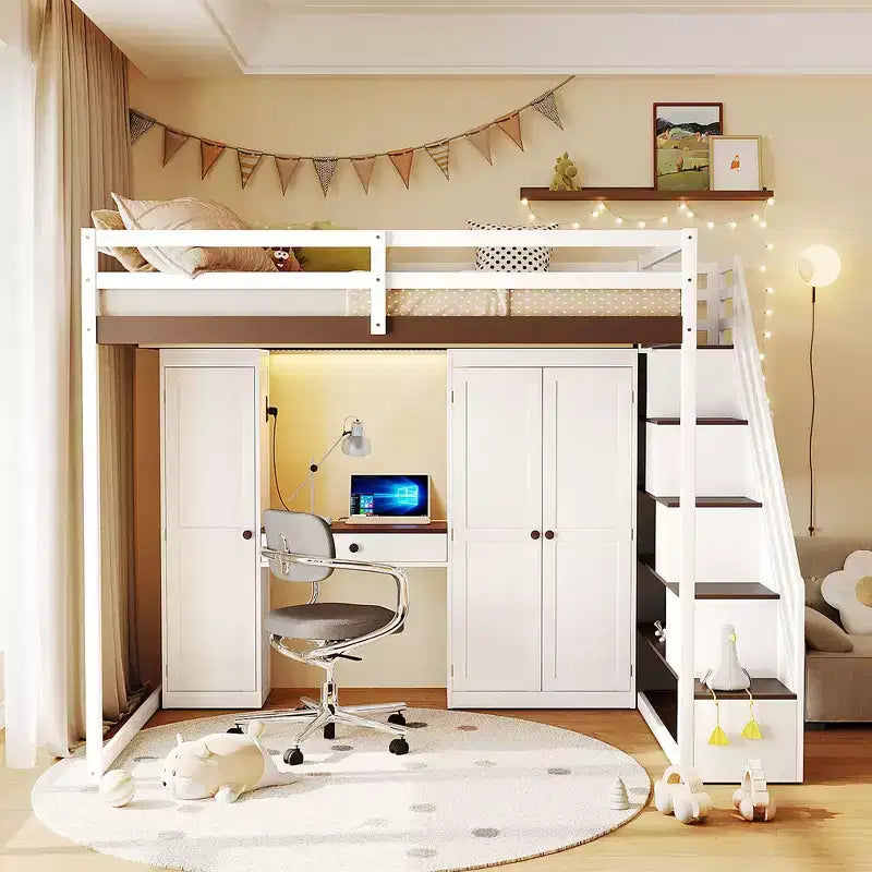 Lit mezzanine Whisen avec escalier de rangement, coiffeuse intégrée avec miroir et tiroir, armoire