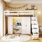 Lit mezzanine Whisen avec escalier de rangement, coiffeuse intégrée avec miroir et tiroir, armoire