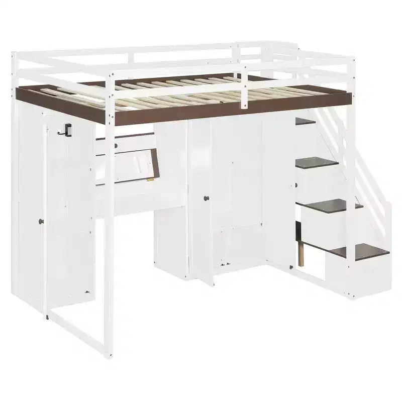 Lit mezzanine Whisen avec escalier de rangement, coiffeuse intégrée avec miroir et tiroir, armoire