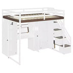 Lit mezzanine Whisen avec escalier de rangement, coiffeuse intégrée avec miroir et tiroir, armoire