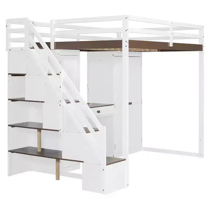 Lit mezzanine Whisen avec escalier de rangement, coiffeuse intégrée avec miroir et tiroir, armoire