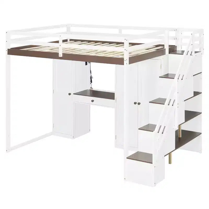 Lit mezzanine Whisen avec escalier de rangement, coiffeuse intégrée avec miroir et tiroir, armoire