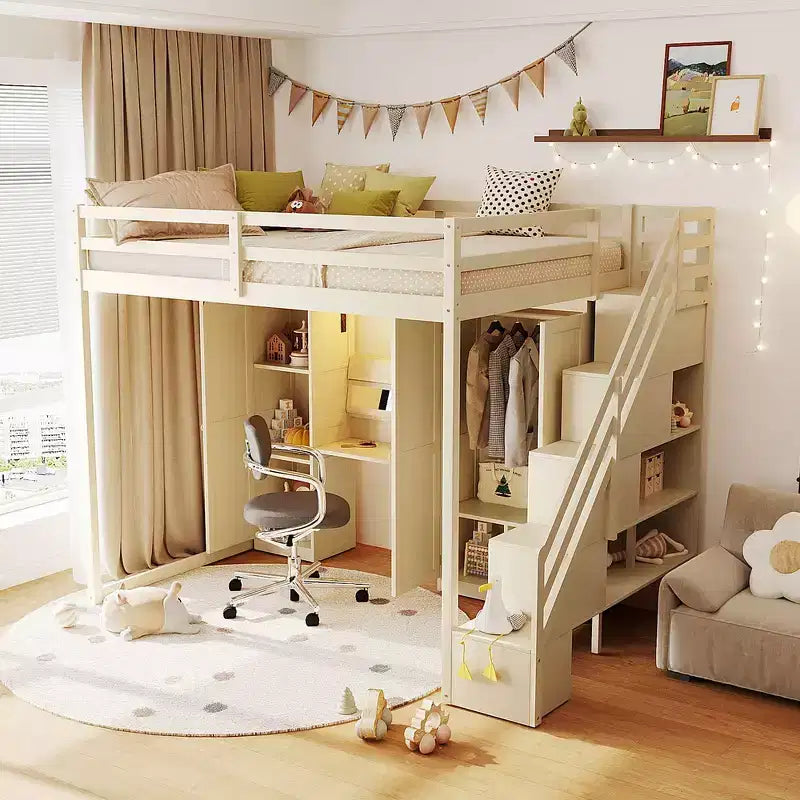 Lit mezzanine Whisen avec escalier de rangement, coiffeuse intégrée avec miroir et tiroir, armoire