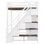 Lit mezzanine Whisen avec escalier de rangement, coiffeuse intégrée avec miroir et tiroir, armoire