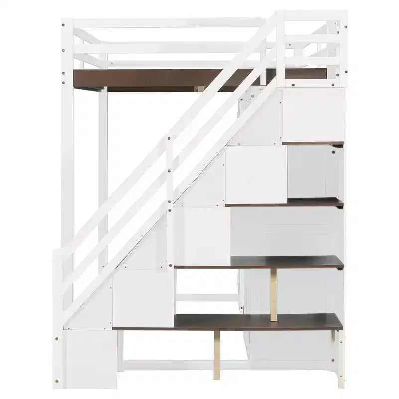Lit mezzanine Whisen avec escalier de rangement, coiffeuse intégrée avec miroir et tiroir, armoire