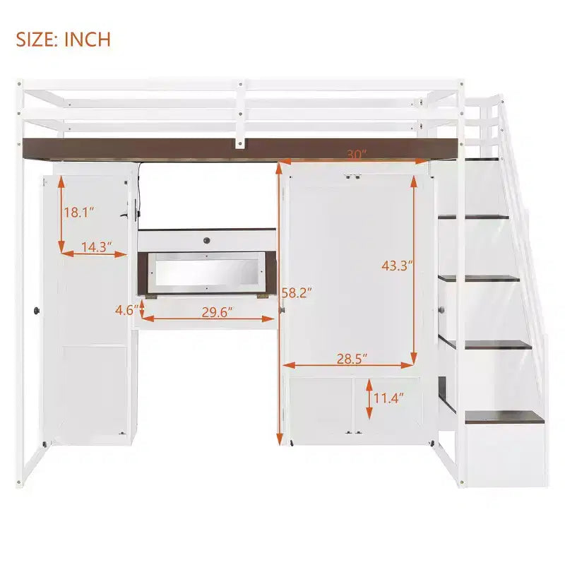 Lit mezzanine Whisen avec escalier de rangement, coiffeuse intégrée avec miroir et tiroir, armoire