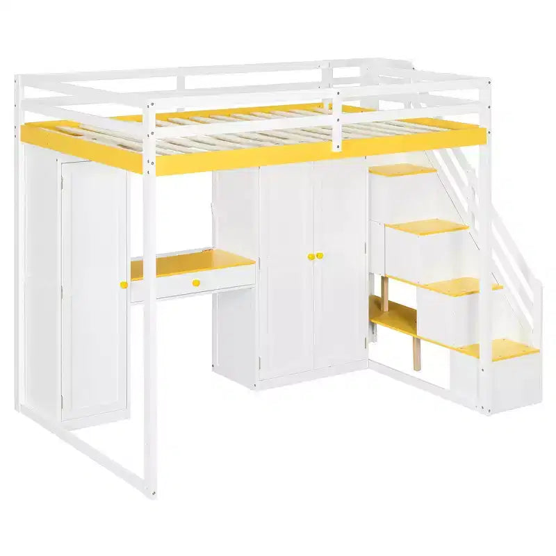 Lit mezzanine Whisen avec escalier de rangement, coiffeuse intégrée avec miroir et tiroir, armoire