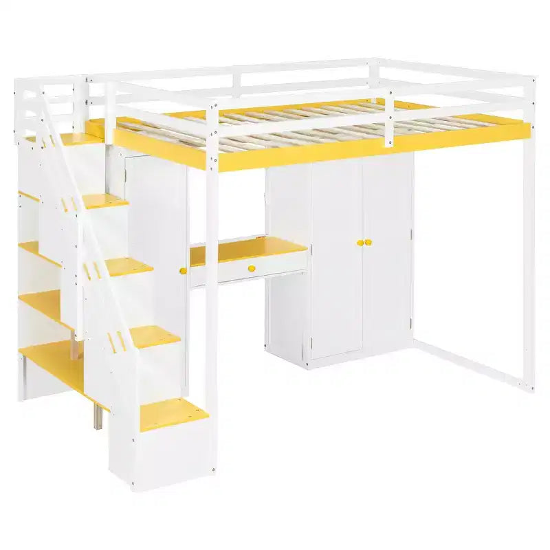 Lit mezzanine Whisen avec escalier de rangement, coiffeuse intégrée avec miroir et tiroir, armoire
