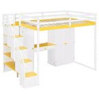 Lit mezzanine Whisen avec escalier de rangement, coiffeuse intégrée avec miroir et tiroir, armoire