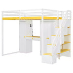 Lit mezzanine Whisen avec escalier de rangement, coiffeuse intégrée avec miroir et tiroir, armoire