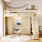 Lit mezzanine Whisen avec escalier de rangement, coiffeuse intégrée avec miroir et tiroir, armoire