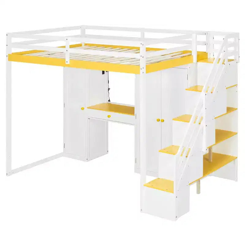 Lit mezzanine Whisen avec escalier de rangement, coiffeuse intégrée avec miroir et tiroir, armoire