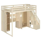 Lit mezzanine Whisen avec escalier de rangement, coiffeuse intégrée avec miroir et tiroir, armoire