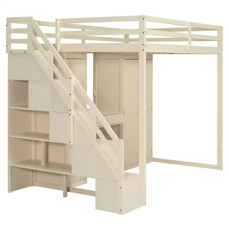 Lit mezzanine Whisen avec escalier de rangement, coiffeuse intégrée avec miroir et tiroir, armoire