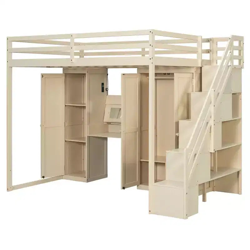 Lit mezzanine Whisen avec escalier de rangement, coiffeuse intégrée avec miroir et tiroir, armoire