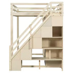 Lit mezzanine Whisen avec escalier de rangement, coiffeuse intégrée avec miroir et tiroir, armoire