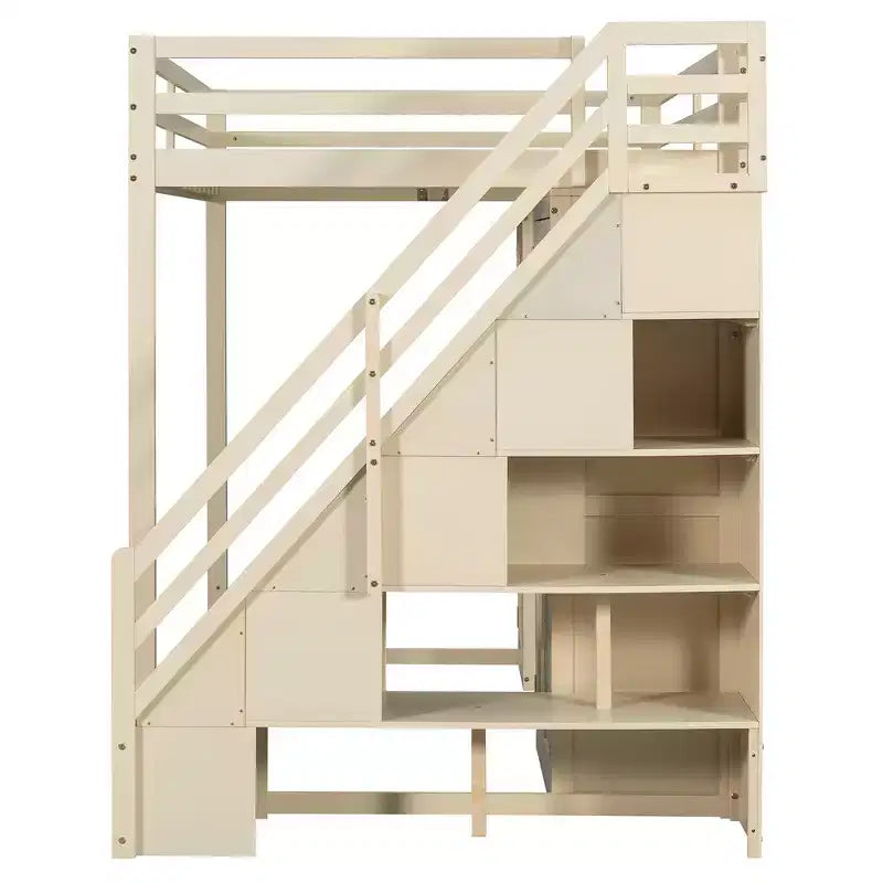 Lit mezzanine Whisen avec escalier de rangement, coiffeuse intégrée avec miroir et tiroir, armoire