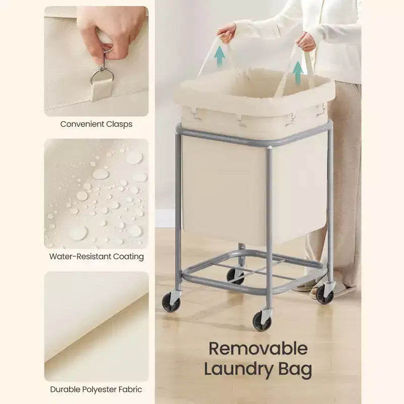 SONGMICS Panier à linge 170 L avec roues, cadre en acier et sac amovible, 2 roulettes verrouillables, blanc crème et argent métallique