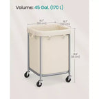 SONGMICS Panier à linge 170 L avec roues, cadre en acier et sac amovible, 2 roulettes verrouillables, blanc crème et argent métallique