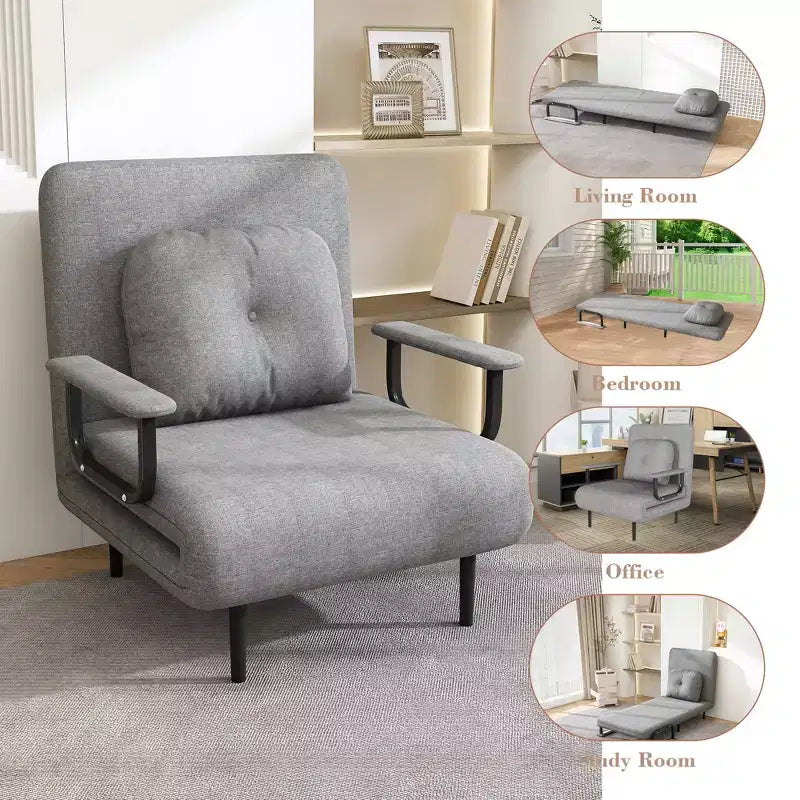 Fauteuil-lit convertible FurnitureR avec dossier réglable, canapé-lit moderne en tissu avec accoudoirs et oreiller, inclinable 6 positions, gris