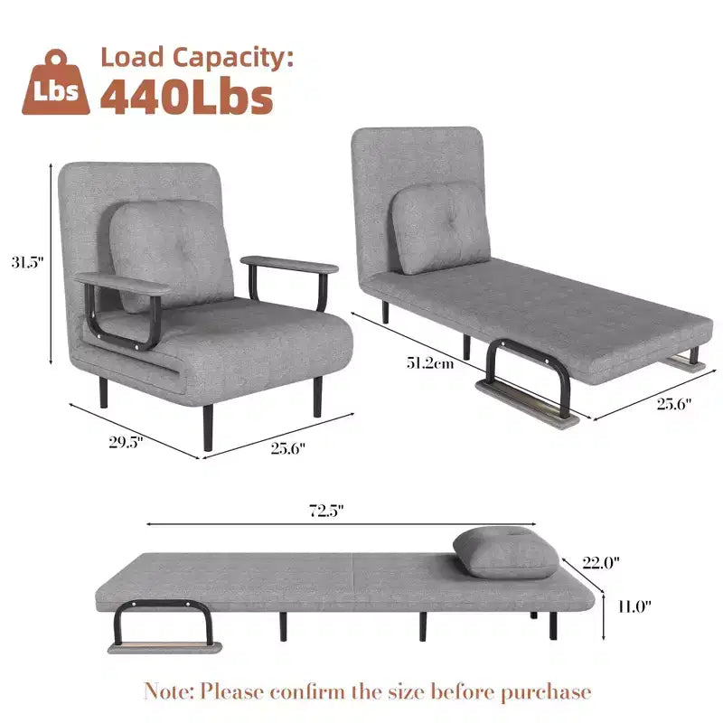 Fauteuil-lit convertible FurnitureR avec dossier réglable, canapé-lit moderne en tissu avec accoudoirs et oreiller, inclinable 6 positions, gris