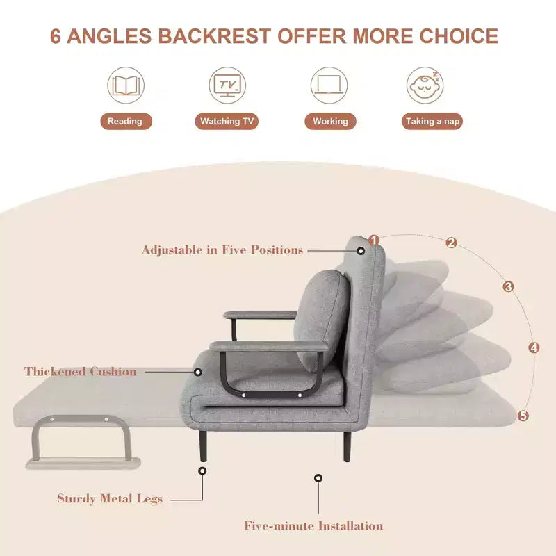 Fauteuil-lit convertible FurnitureR avec dossier réglable, canapé-lit moderne en tissu avec accoudoirs et oreiller, inclinable 6 positions, gris