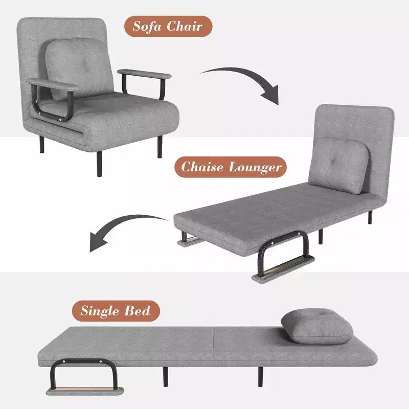 Fauteuil-lit convertible FurnitureR avec dossier réglable, canapé-lit moderne en tissu avec accoudoirs et oreiller, inclinable 6 positions, gris