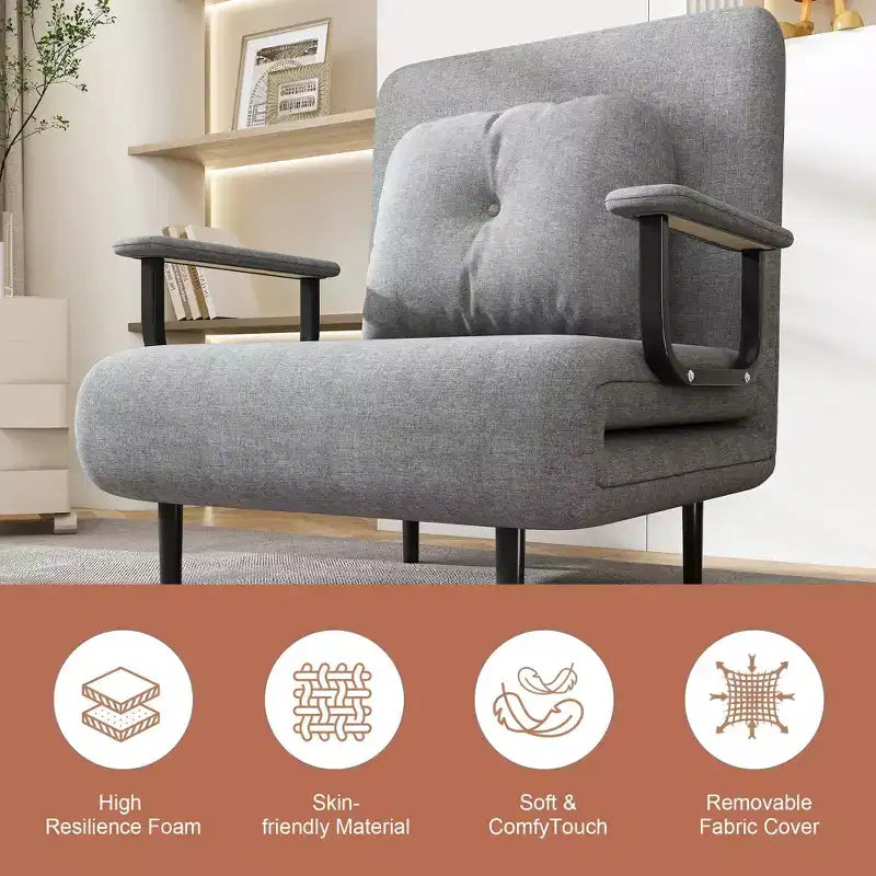 Fauteuil-lit convertible FurnitureR avec dossier réglable, canapé-lit moderne en tissu avec accoudoirs et oreiller, inclinable 6 positions, gris