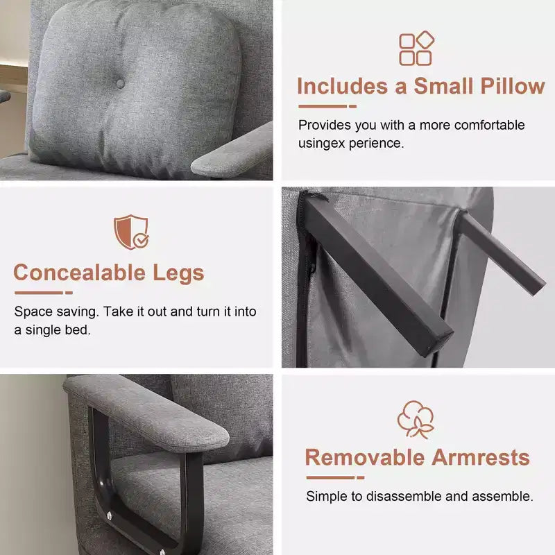 Fauteuil-lit convertible FurnitureR avec dossier réglable, canapé-lit moderne en tissu avec accoudoirs et oreiller, inclinable 6 positions, gris