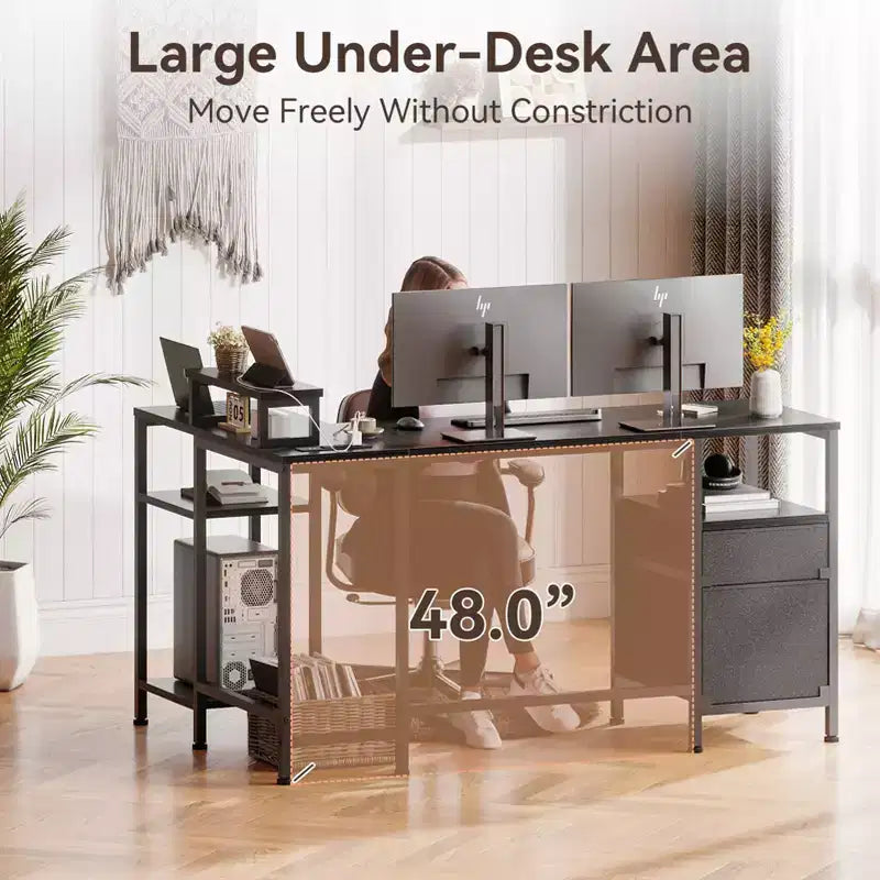 Bureau d'ordinateur d'angle en L noir de 50 pouces avec station de charge, bureau de jeu réversible, classeur, support d'écran, rangement pour bureau à domicile
