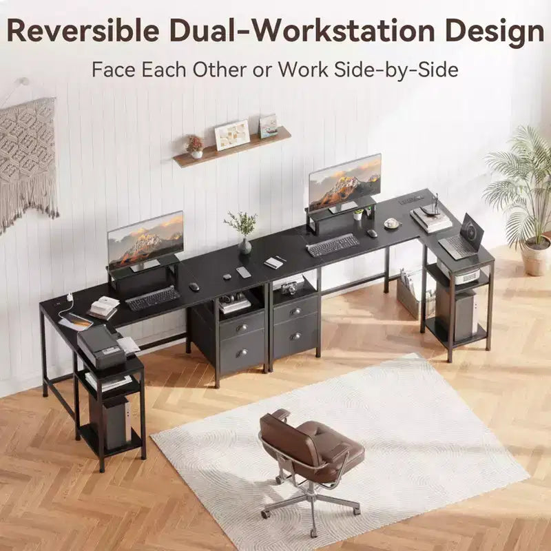 Bureau d'ordinateur d'angle en L noir de 50 pouces avec station de charge, bureau de jeu réversible, classeur, support d'écran, rangement pour bureau à domicile