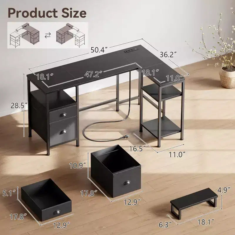 Bureau d'ordinateur d'angle en L noir de 50 pouces avec station de charge, bureau de jeu réversible, classeur, support d'écran, rangement pour bureau à domicile