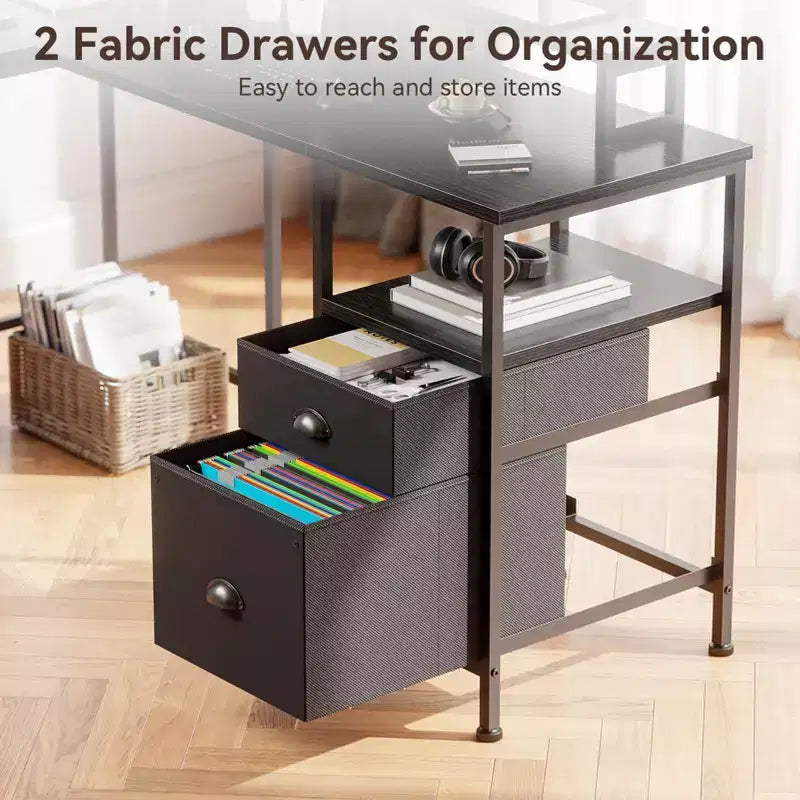 Bureau d'ordinateur d'angle en L noir de 50 pouces avec station de charge, bureau de jeu réversible, classeur, support d'écran, rangement pour bureau à domicile