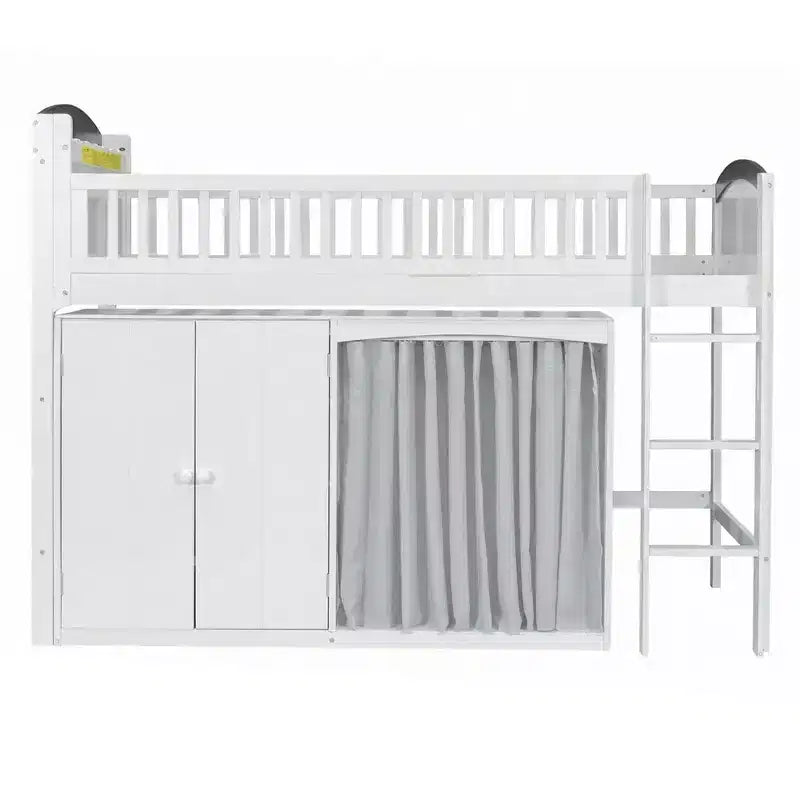 Lit mezzanine Polibi pleine/double avec tête de lit LED, armoire et meuble de rangement à double porte
