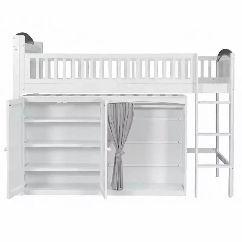 Lit mezzanine Polibi pleine/double avec tête de lit LED, armoire et meuble de rangement à double porte