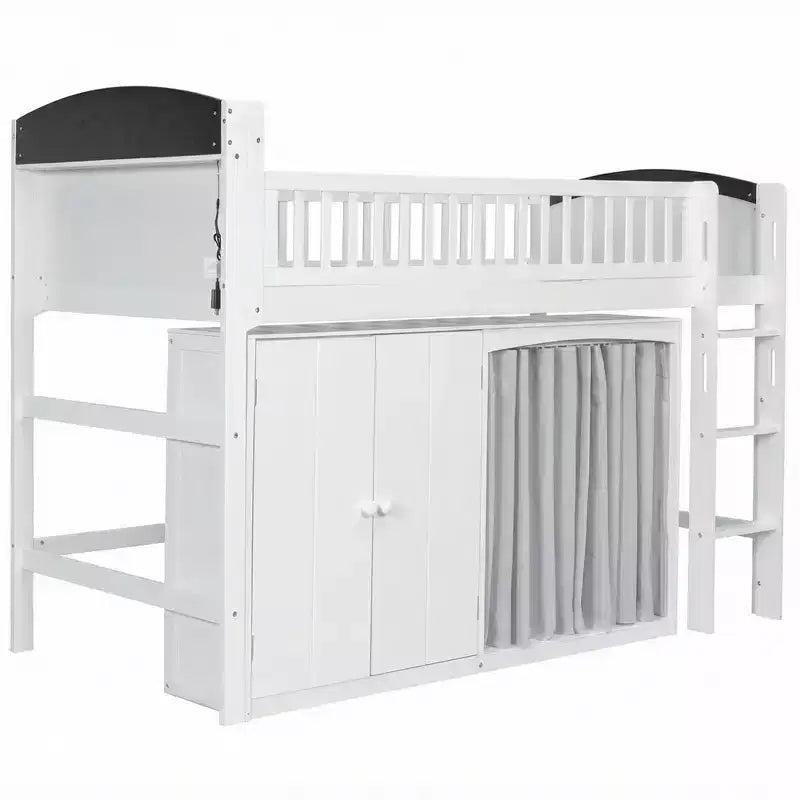 Lit mezzanine Polibi pleine/double avec tête de lit LED, armoire et meuble de rangement à double porte