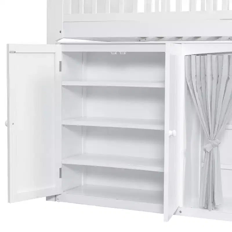 Lit mezzanine Polibi pleine/double avec tête de lit LED, armoire et meuble de rangement à double porte