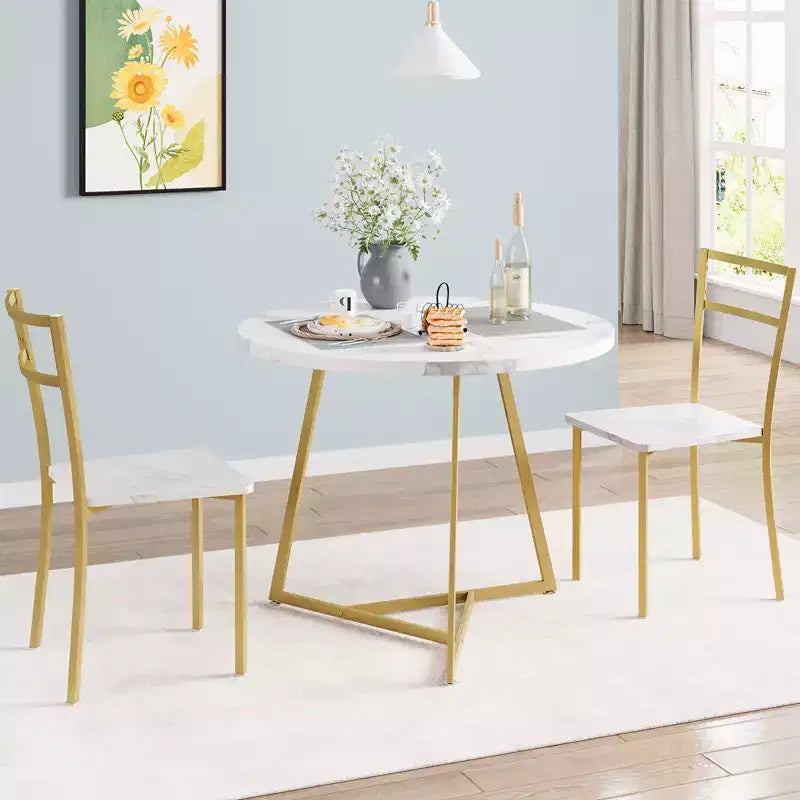 Ensemble Table à Manger, Ensemble de Cuisine Rond 3 Pièces avec Chaises Rembourrées et Cadre en Acier Robuste, pour Petits Espaces, Appartements et Studios, Blanc