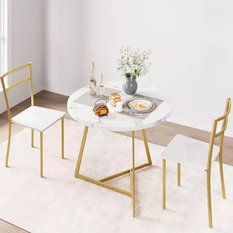 Ensemble Table à Manger, Ensemble de Cuisine Rond 3 Pièces avec Chaises Rembourrées et Cadre en Acier Robuste, pour Petits Espaces, Appartements et Studios, Blanc