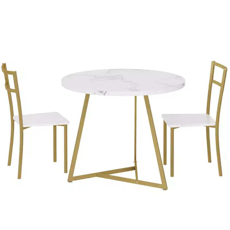 Ensemble Table à Manger, Ensemble de Cuisine Rond 3 Pièces avec Chaises Rembourrées et Cadre en Acier Robuste, pour Petits Espaces, Appartements et Studios, Blanc
