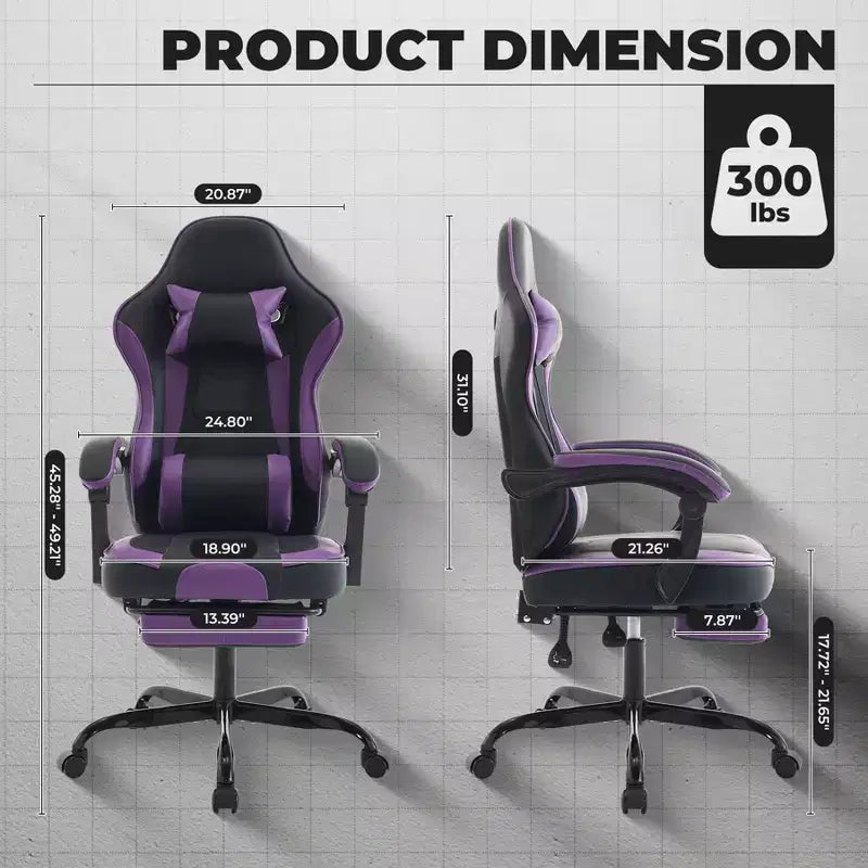 Chaise de jeu ergonomique Ora Maison avec repose-pieds et soutien lombaire massant, chaise d'ordinateur pivotante réglable en hauteur pour adultes, capacité de 136 kg, violet
