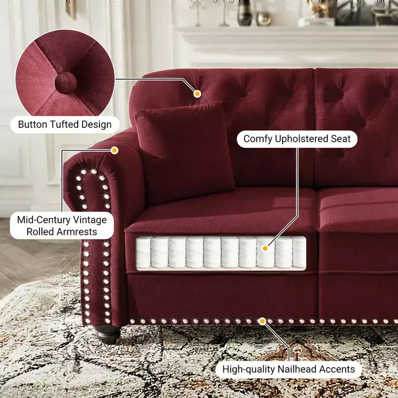 Causeuse Eloise 63 de GDFStudio en velours capitonné style Chesterfield avec garniture cloutée et accoudoirs roulés