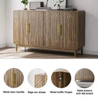 FurnitureR 55" Buffet moderne en bois avec 4 portes, motif géométrique sculpté et poignées dorées pour salle à manger, salon ou entrée